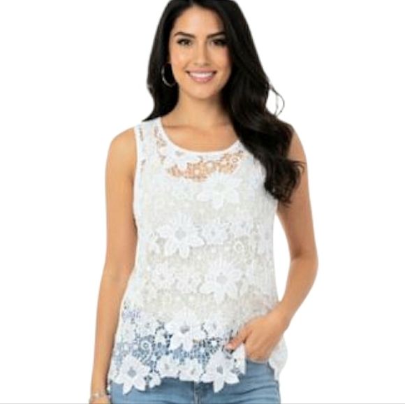 Muche Et Muchette Tops - Muche et Muchette Crochet Sleeveless Top White Embroidered Lace Keyhole Back